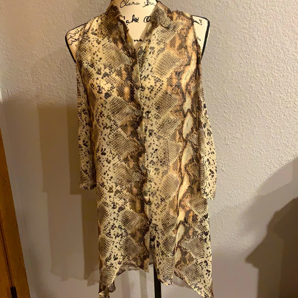L&B brown snake cold shoulder tunic blouse
